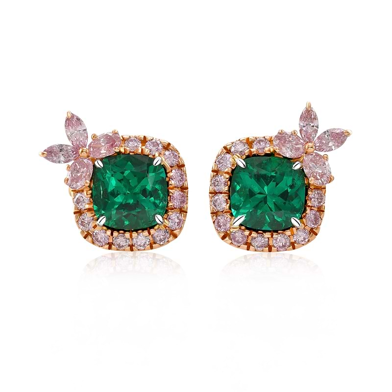 Cushion "No Oil" Muzo Emerald & Argyle Pink Diamond Stud Earrings, SKU 32037M (3.30Ct TW)