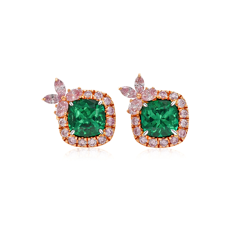 Cushion "No Oil" Muzo Emerald & Argyle Pink Diamond Stud Earrings, SKU 32037M (3.30Ct TW)