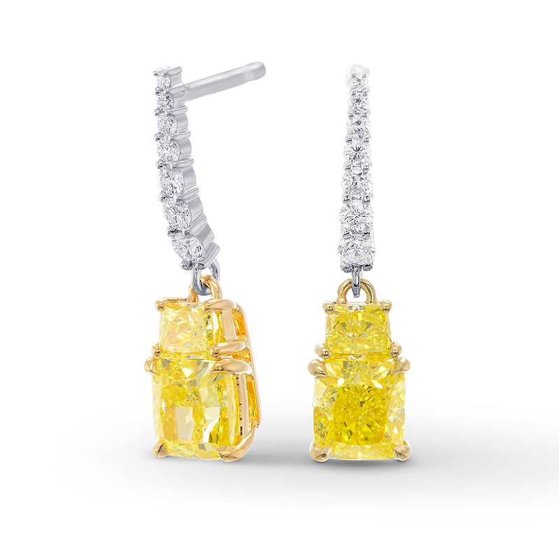 Fancy Intense Yellow Cushion and Vivid Yellow Taper Diamond Drop Earrings, SKU 320699 (2.83Ct TW)