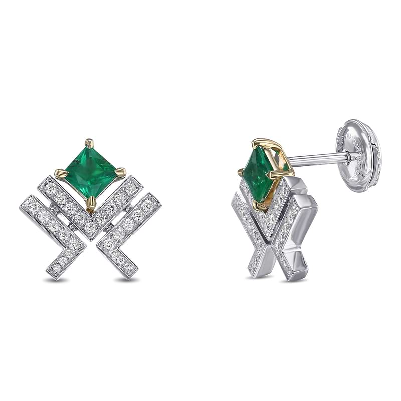Princess Green Emerald Leibish Logo Pave Earrings, SKU 32217R (0.76Ct TW)