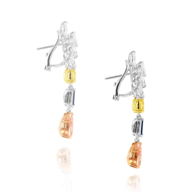 Brownish Pink Pear Diamond Sapphire and Fancy Yellow Diamond Drop Earrings