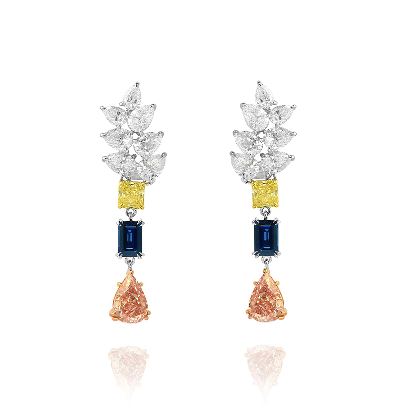 Brownish Pink Pear Diamond Sapphire and Fancy Yellow Diamond Drop Earrings