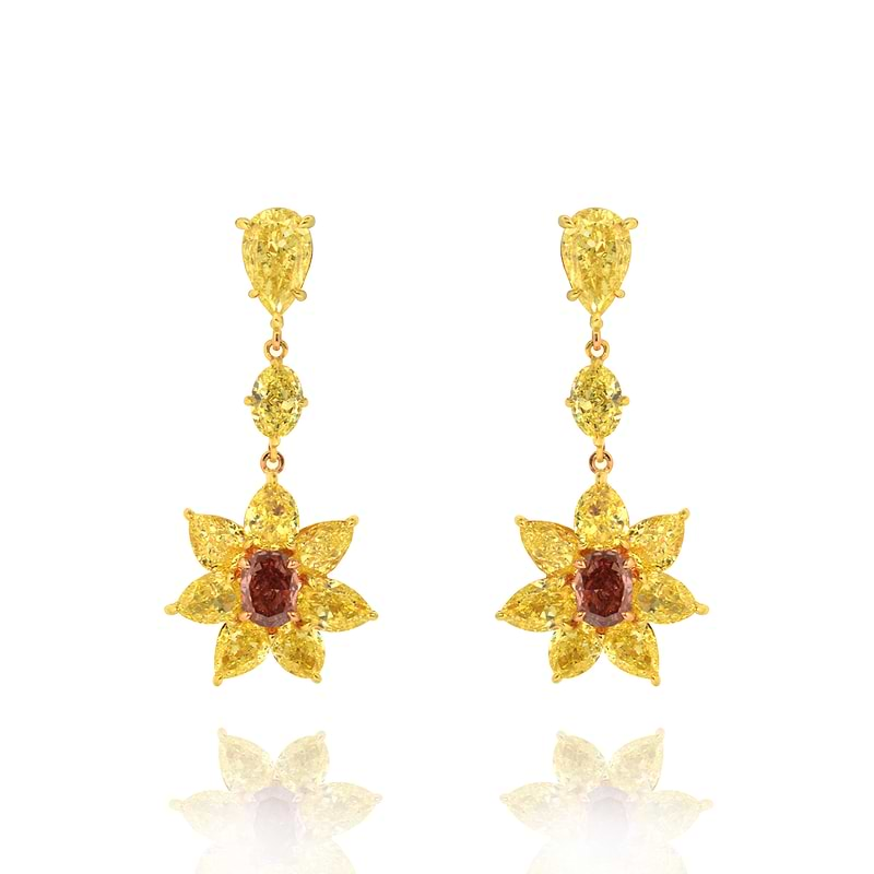 Fancy Intense and Fancy Deep Pink Oval Diamond and Fancy Yellow Diamond Drop Earrings