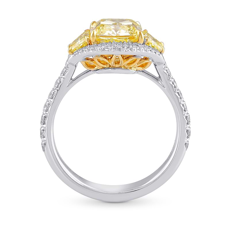Fancy Yellow Cushion Three-stone Halo Diamond Ring, SKU 376062 (3.02Ct TW)