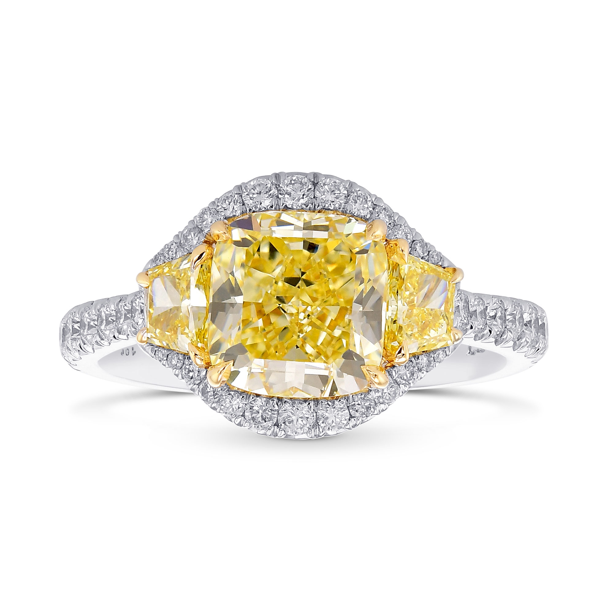 Fancy Yellow Cushion 3 Stone Halo Diamond Ring, SKU 376062 (3.02Ct TW)
