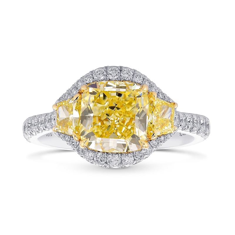 Fancy Yellow Cushion Three-stone Halo Diamond Ring, SKU 376062 (3.02Ct TW)