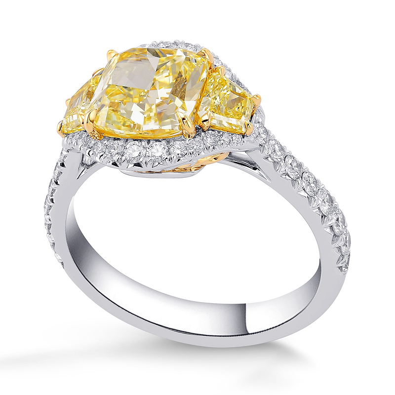 Fancy Yellow Cushion Three-stone Halo Diamond Ring, SKU 376062 (3.02Ct TW)  - 2