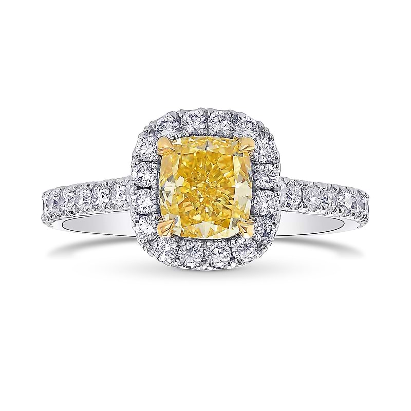 Fancy Vivid Yellow Cushion Diamond Halo Ring, SKU 397354 (1.54Ct TW)
