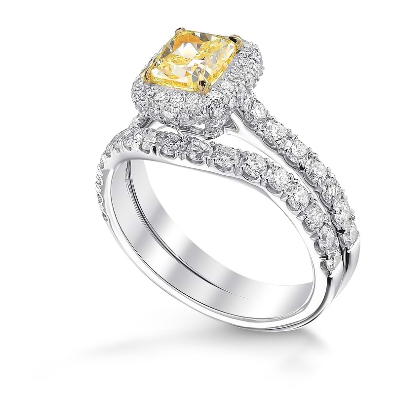 Fancy Light Yellow Cushion Halo Diamond Ring Set, SKU 404974 (2.16Ct TW)  - 2