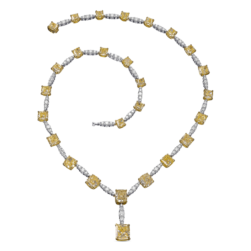 Fancy Yellow Cushion Diamond Necklace, SKU 481475 (47.61Ct TW)