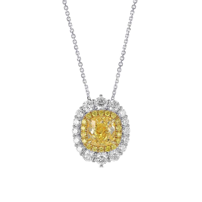 Fancy Intense Yellow Cushion Halo Diamond Pendant, SKU 515394 (2.92Ct TW)