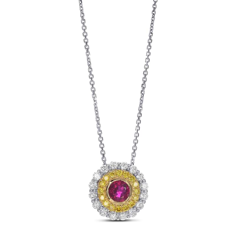 Ruby and Fancy Vivid Yellow Double Halo Diamond Pendant, SKU 519040 (1.22Ct TW)