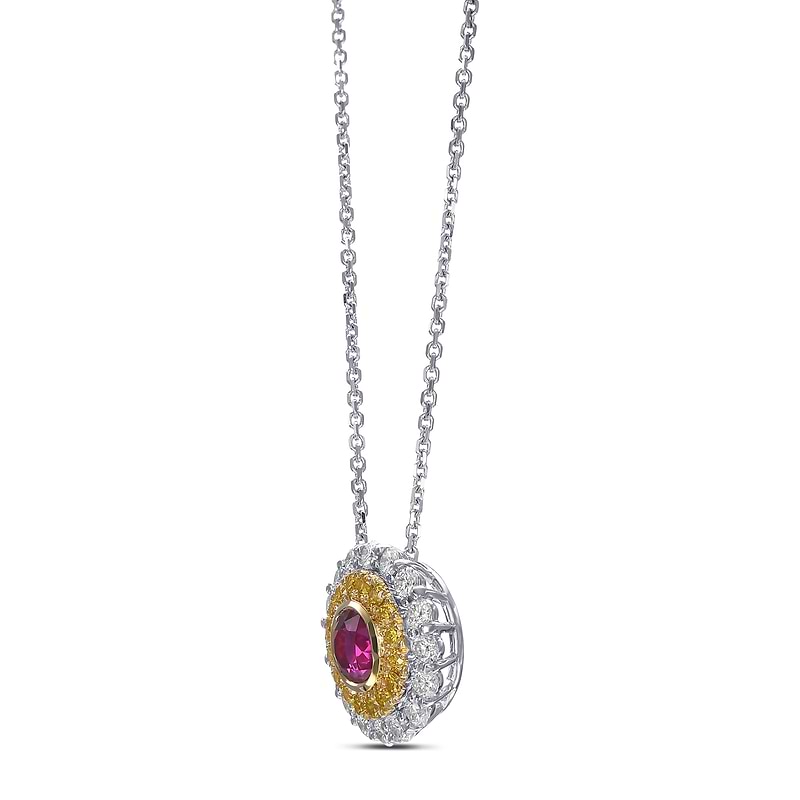Ruby and Fancy Vivid Yellow Double Halo Diamond Pendant, SKU 519040 (1.22Ct TW)