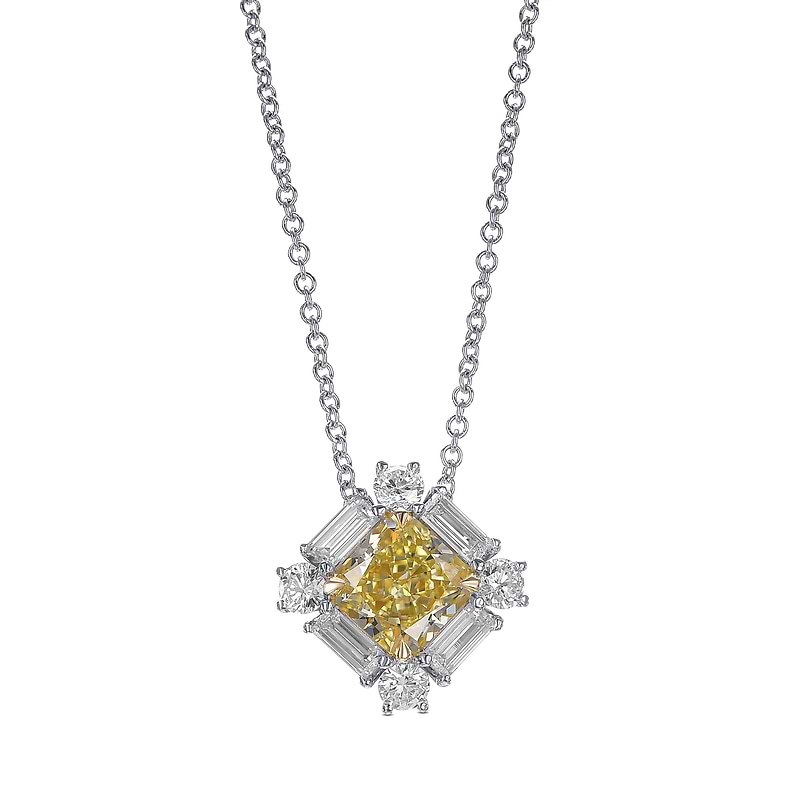 Fancy Yellow Radiant and Baguette Diamond Halo Pendant, SKU 550925 (2.05Ct TW)