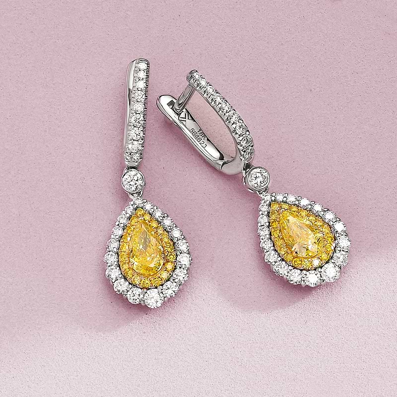 Fancy Intense Yellow Pear Diamond Halo Drop Earrings, SKU 564623 (2.04Ct TW)  - 2