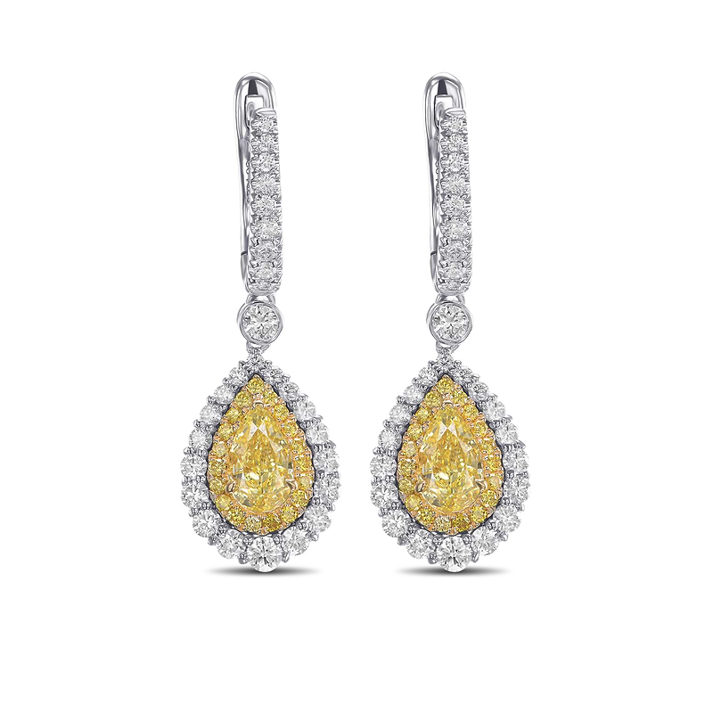 Fancy Intense Yellow Pear Diamond Halo Drop Earrings, SKU 564623 (2.04Ct TW)