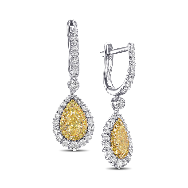 Fancy Intense Yellow Pear Diamond Halo Drop Earrings, SKU 564623 (2.04Ct TW)