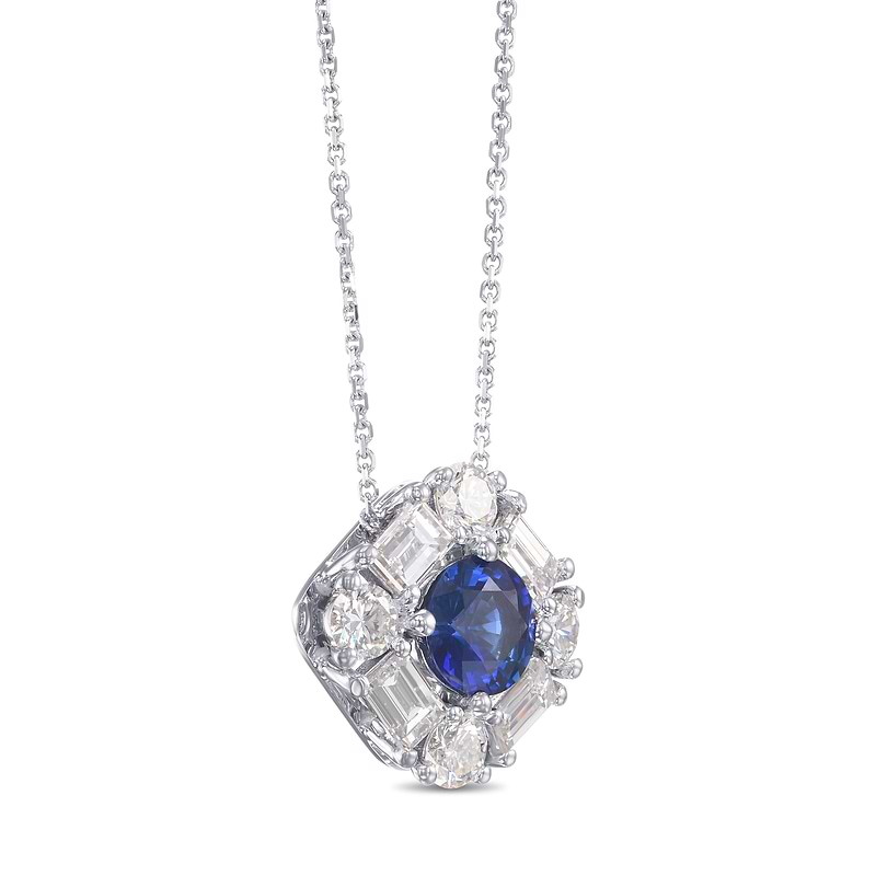 Round Blue Sapphire and  Baguette Diamond Halo Pendant, SKU 575291 (1.72Ct TW)