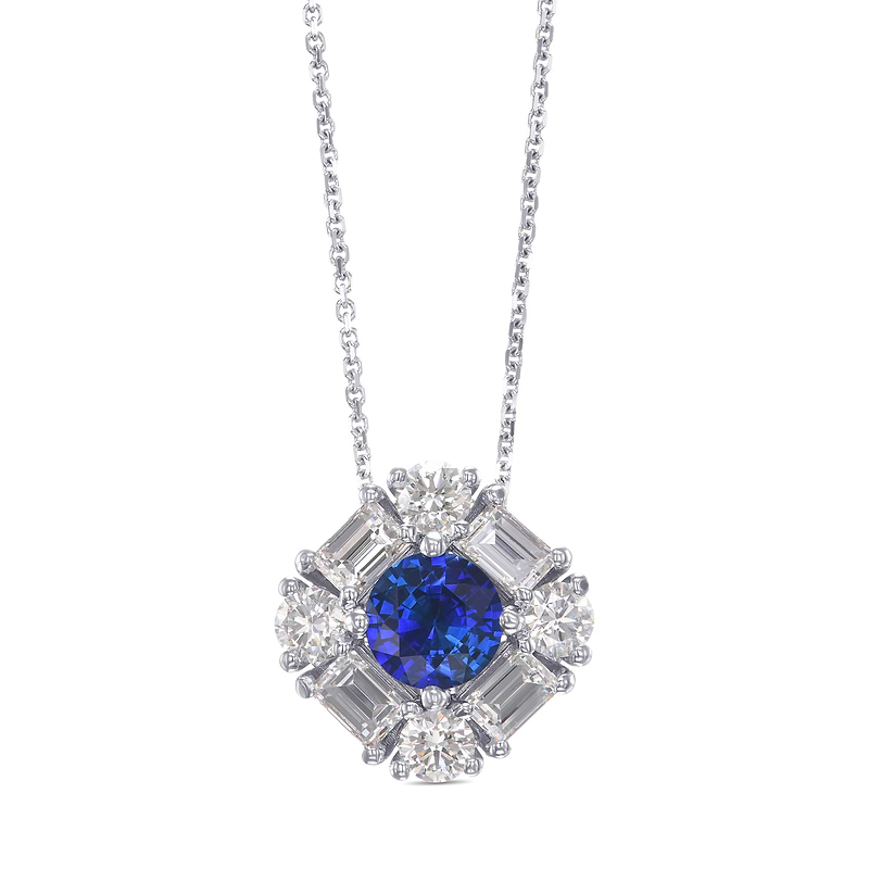 Round Blue Sapphire and  Baguette Diamond Halo Pendant, SKU 575291 (1.72Ct TW)