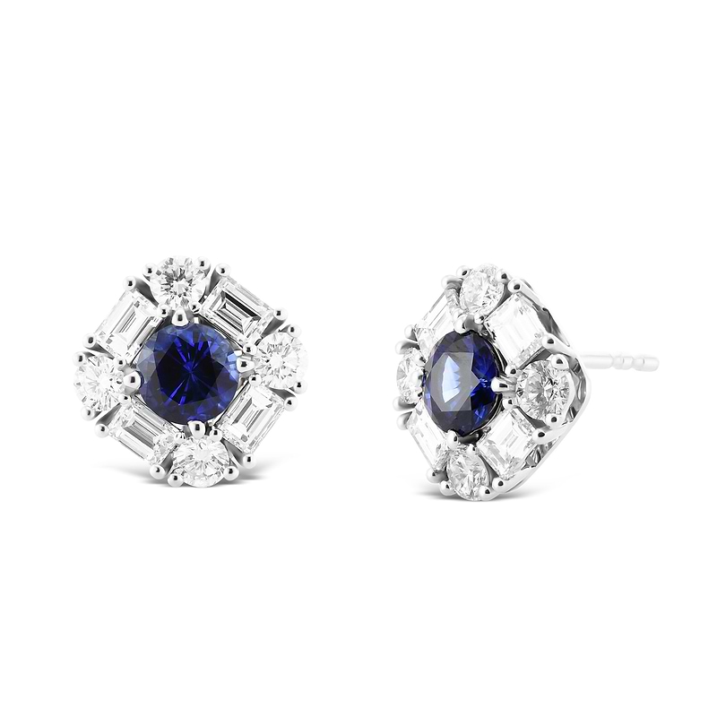 Blue Round Sapphire & Diamond Halo Stud Earrings, SKU 575292 (3.37Ct TW)  - 2