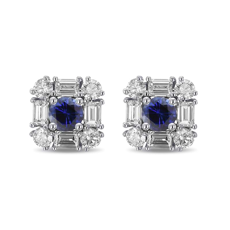 Blue Round Sapphire & Diamond Halo Stud Earrings, SKU 575292 (3.37Ct TW)