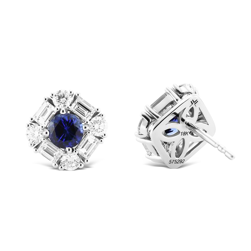 Blue Round Sapphire & Diamond Halo Stud Earrings, SKU 575292 (3.37Ct TW)  - 3