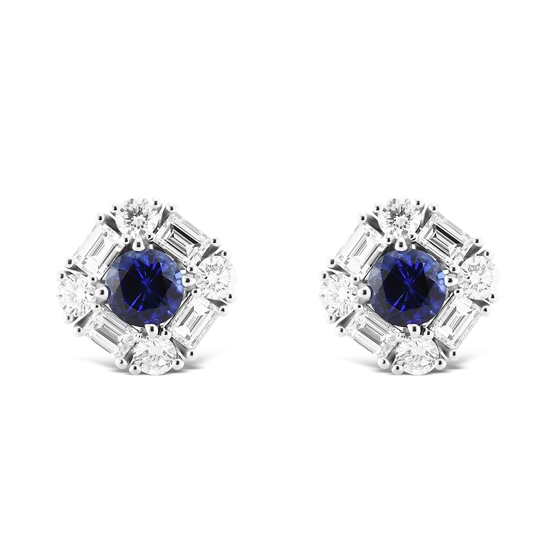 Blue Round Sapphire & Diamond Halo Stud Earrings, SKU 575292 (3.37Ct TW)