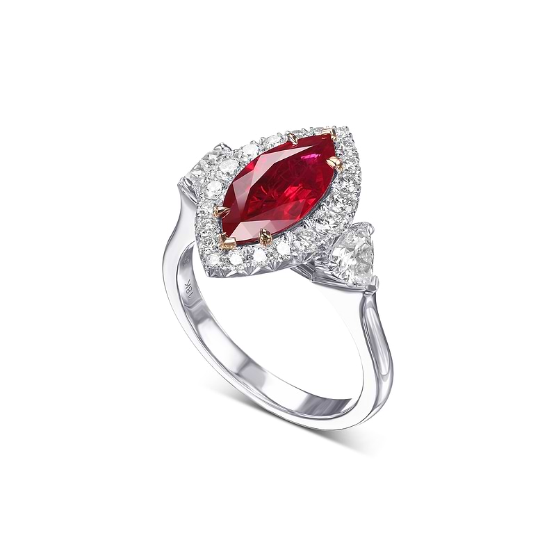 Burmese Marquise Ruby and Heart Diamond Three-Stone Halo Ring, SKU 577633 (2.89Ct TW)  - 2