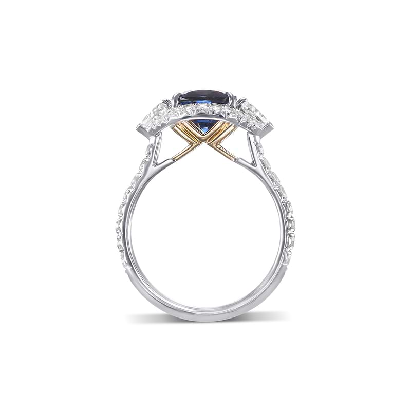 Royal Blue Cushion Sapphire & Triangle Diamond Halo Ring, SKU 578282 (4.42Ct TW)