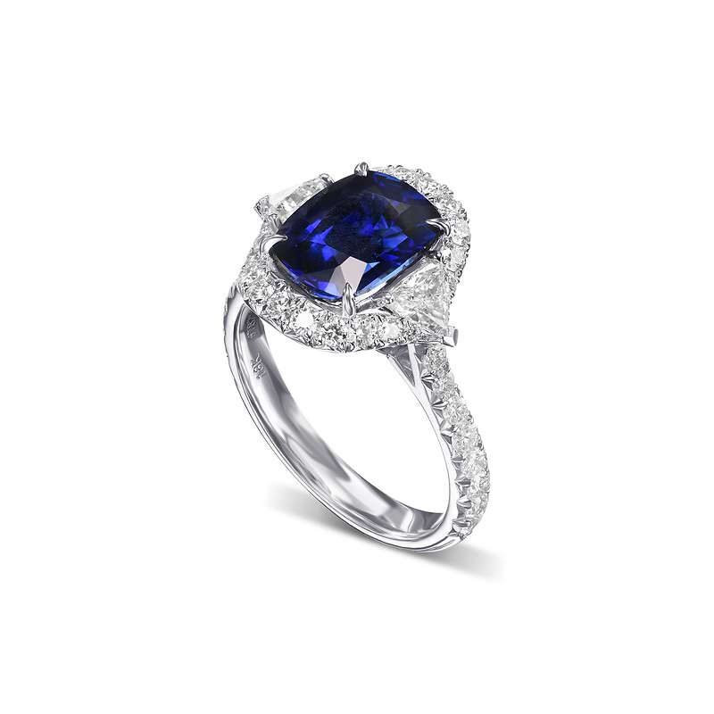 Royal Blue Cushion Sapphire & Triangle Diamond Halo Ring, SKU 578282 (4.42Ct TW)  - 2