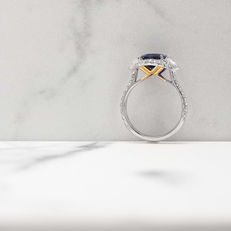 Royal Blue Cushion Sapphire & Triangle Diamond Halo Ring, SKU 578282 (4.42Ct TW)  - 4