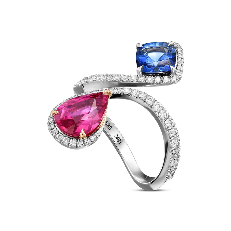 Ruby, Blue Sapphire and Diamond Two-stone Crossover Ring, SKU 589713 (3.59Ct TW)  - 2