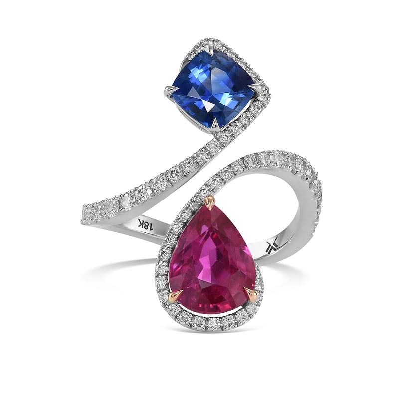 Ruby, Blue Sapphire and Diamond Two-stone Crossover Ring, SKU 589713 (3.59Ct TW)