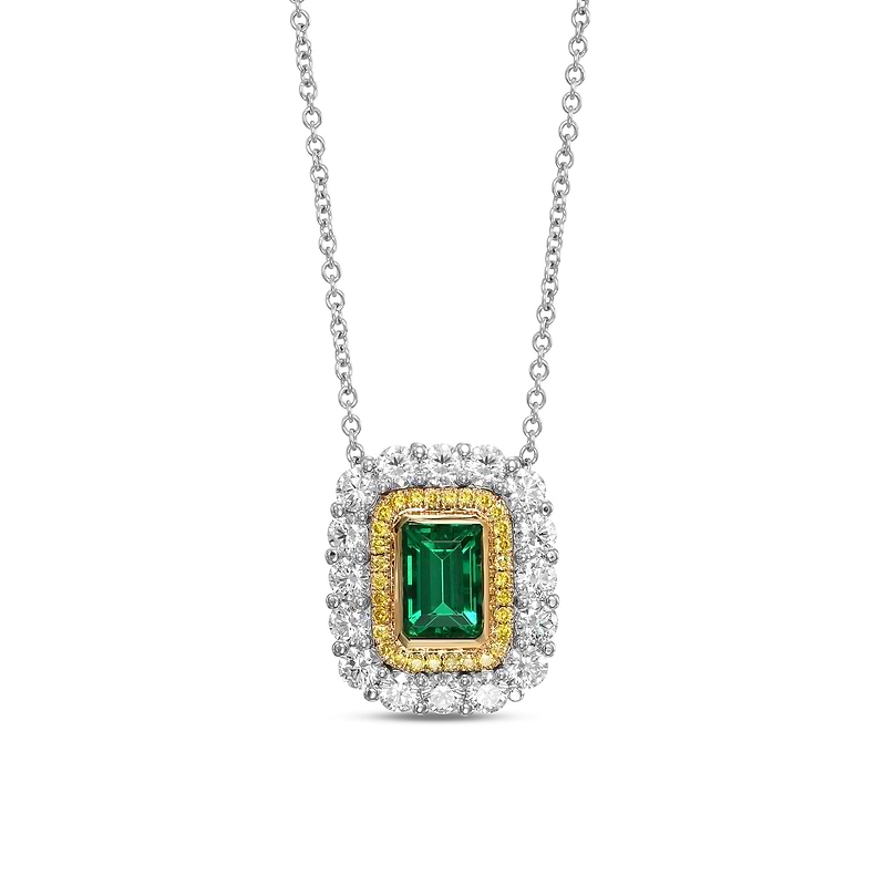 Green Emerald and Diamond Double Halo Pendant, SKU 589714 (2.17Ct TW)