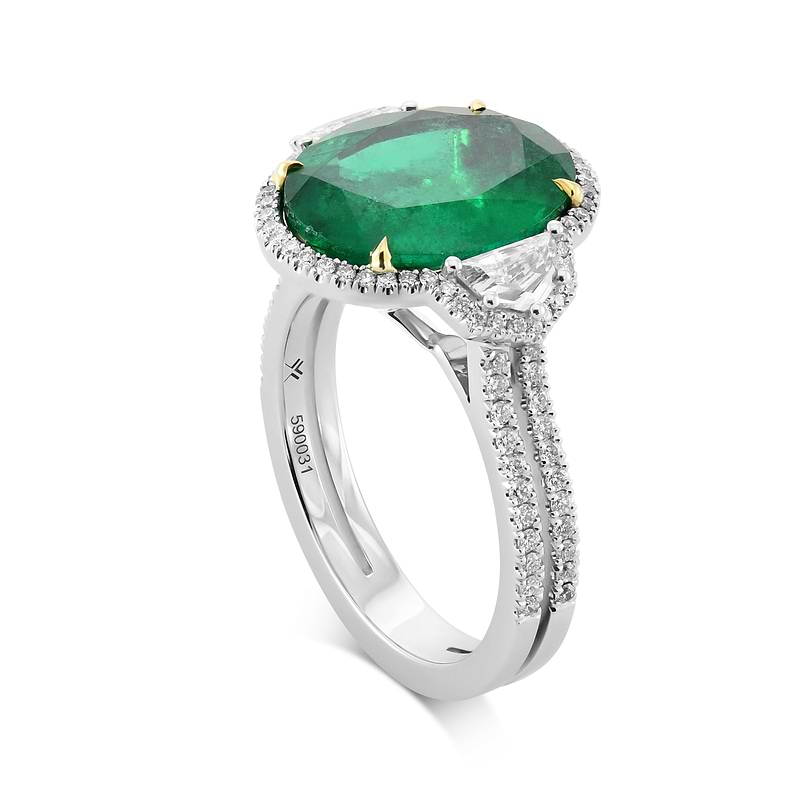 Muzo Emerald & Cadillac Diamond Three-Stone Halo Ring, SKU 590031 (5.14Ct TW)  - 2