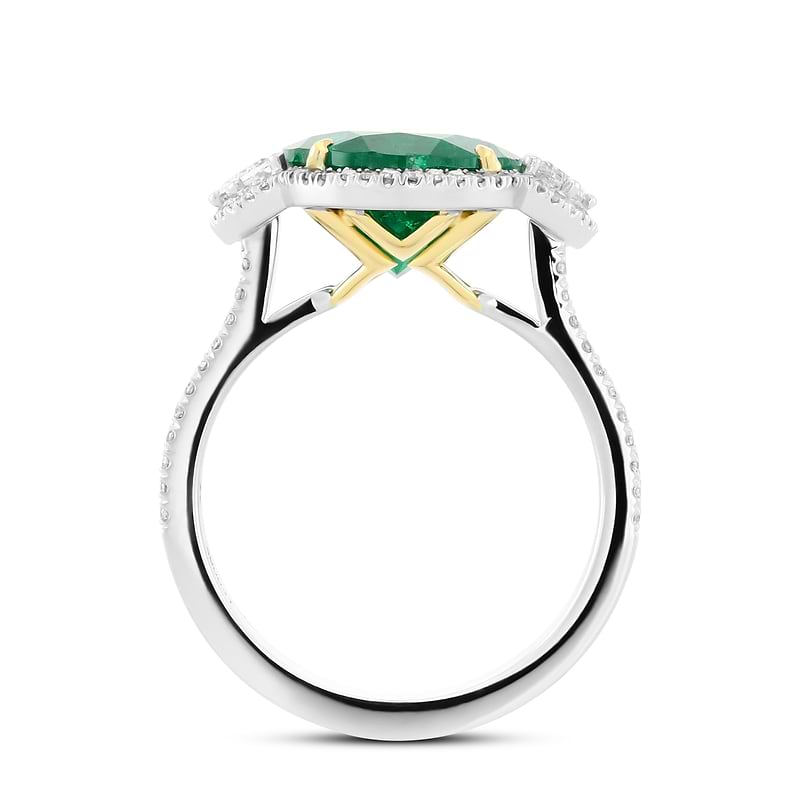 Muzo Emerald & Cadillac Diamond Three-Stone Halo Ring, SKU 590031 (5.14Ct TW)
