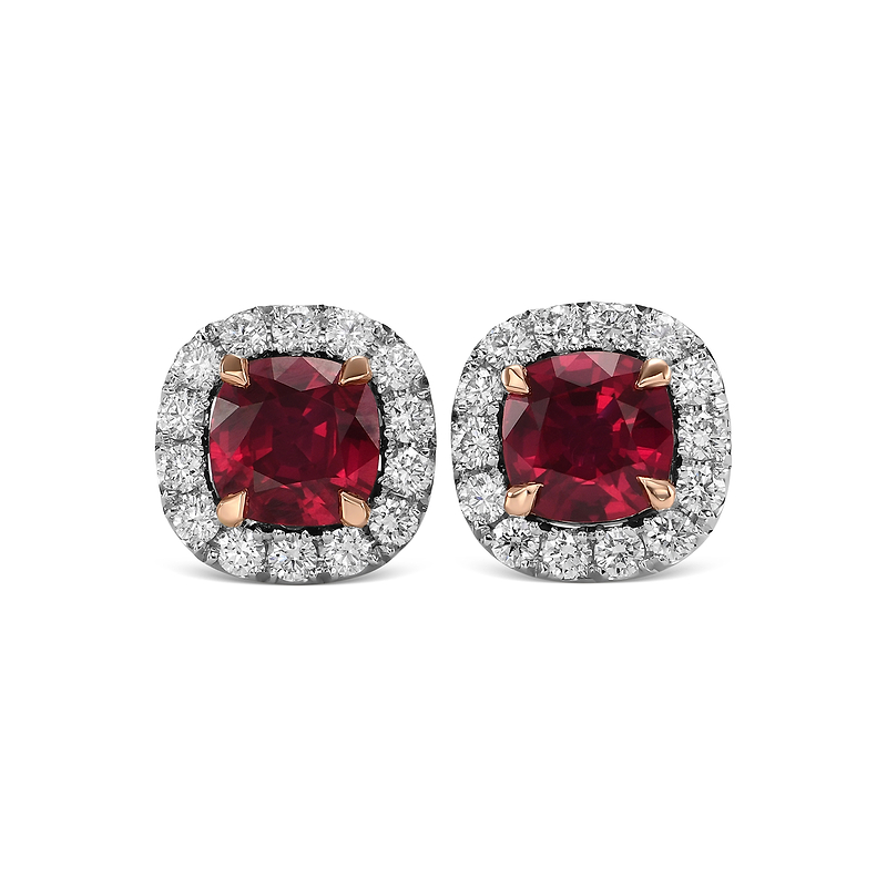 Cushion Ruby and Diamond Halo Earrings, SKU 600266 (1.38Ct TW)