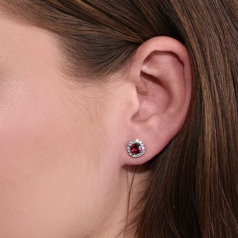 Cushion Ruby and Diamond Halo Earrings, SKU 600266 (1.38Ct TW)  - 2