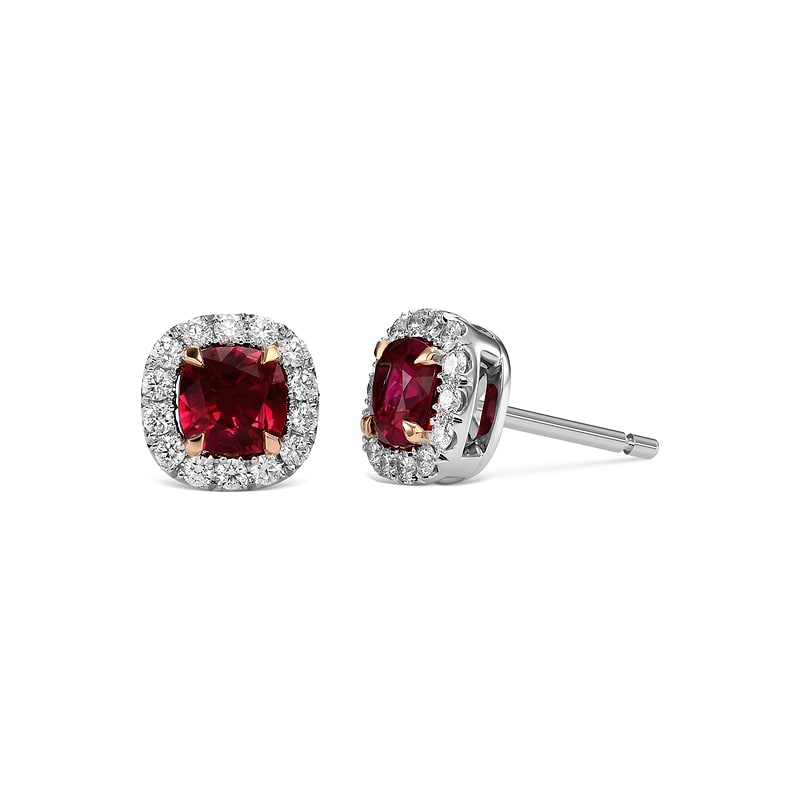 Cushion Ruby and Diamond Halo Earrings, SKU 600266 (1.38Ct TW)