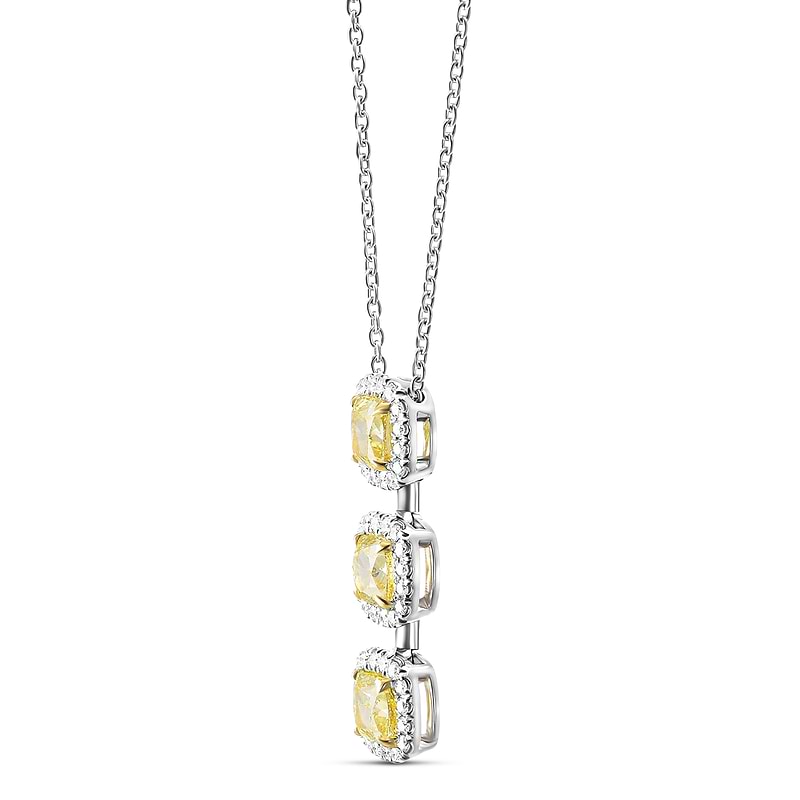 Fancy Intense Yellow Cushion 3 Stone Diamond Drop Halo Pendant, SKU 605220 (1.85Ct TW)