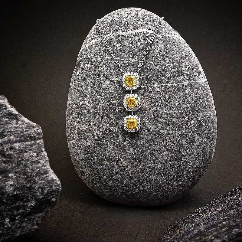 Fancy Intense Yellow Cushion 3 Stone Diamond Drop Halo Pendant, SKU 605220 (1.85Ct TW)  - 3