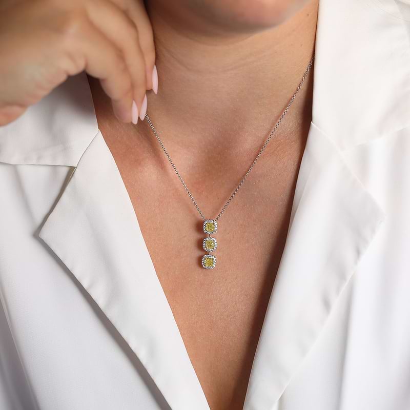 Fancy Intense Yellow Cushion 3 Stone Diamond Drop Halo Pendant, SKU 605220 (1.85Ct TW)  - 2