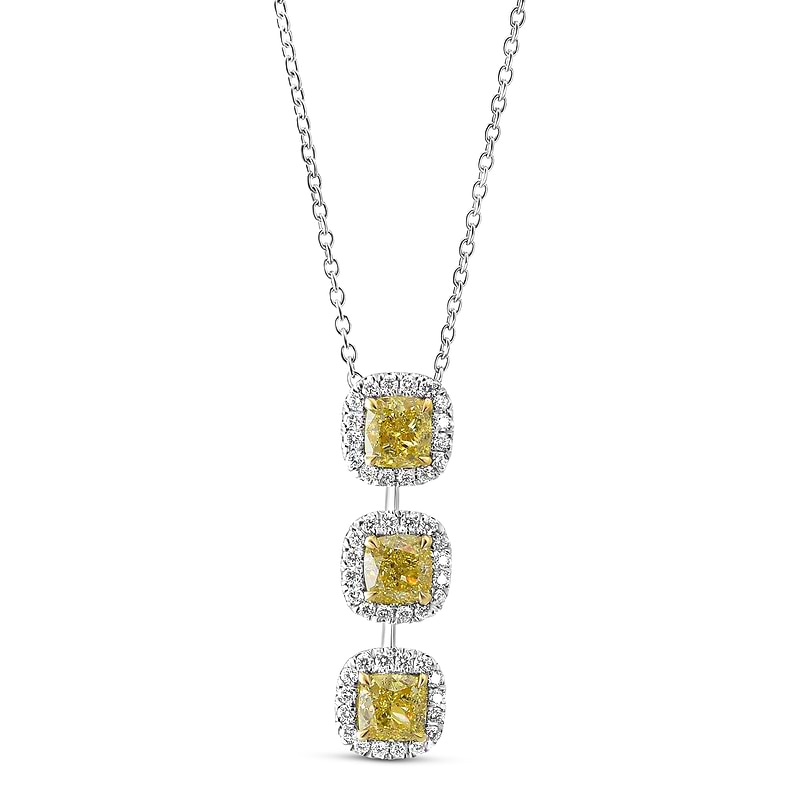 Fancy Intense Yellow Cushion 3 Stone Diamond Drop Halo Pendant, SKU 605220 (1.85Ct TW)