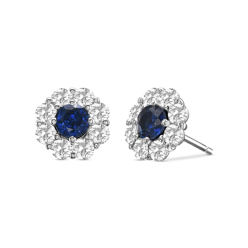 Round Blue Sapphire and Diamond Halo Earrings, SKU 605384 (2.96Ct TW)