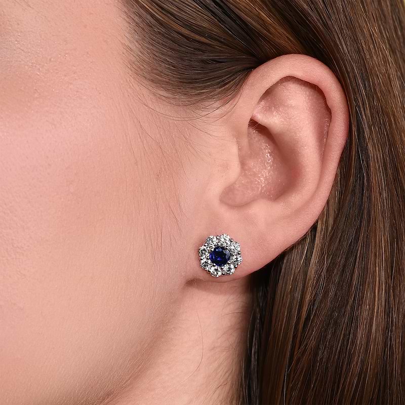 Round Blue Sapphire and Diamond Halo Earrings, SKU 605384 (2.96Ct TW)  - 2