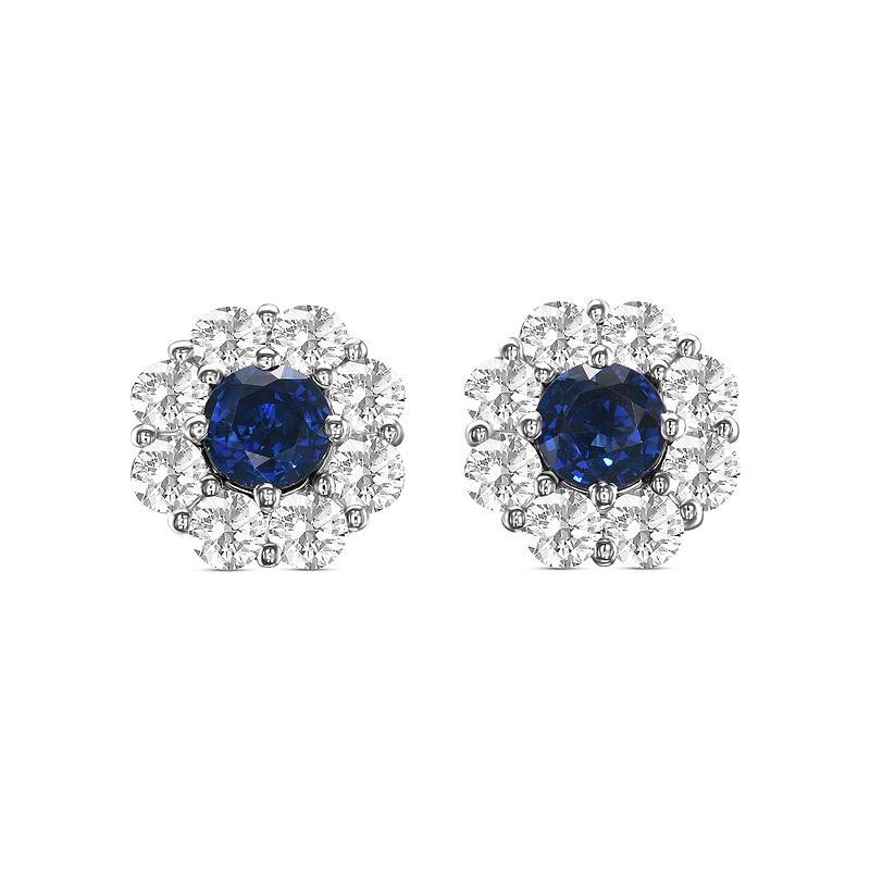 Round Blue Sapphire and Diamond Halo Earrings, SKU 605384 (2.96Ct TW)