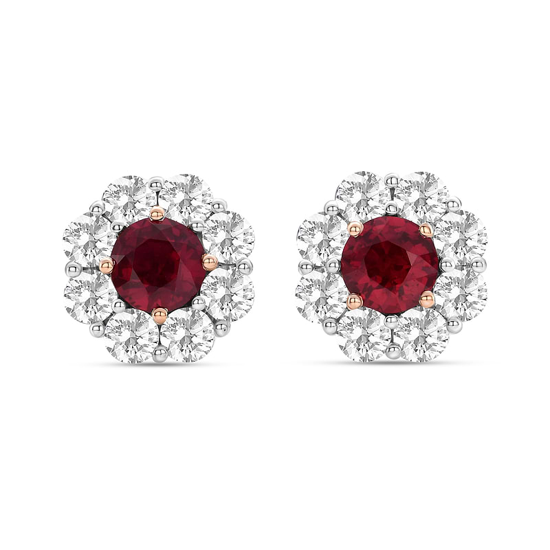 Mozambique Pigeon Blood Ruby & Diamond Floral Halo Earrings, SKU 605385 (4.16Ct TW)