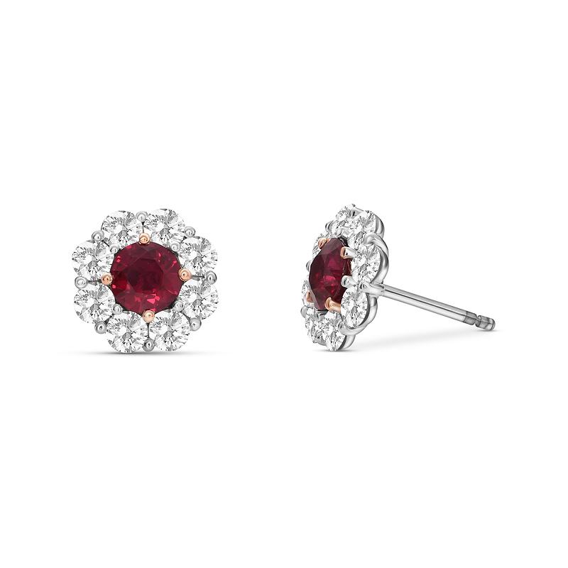 Mozambique Pigeon Blood Ruby & Diamond Floral Halo Earrings, SKU 605385 (4.16Ct TW)