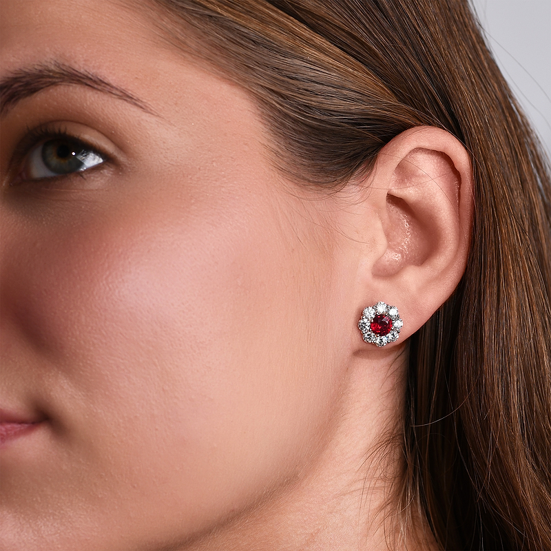 Mozambique Pigeon Blood Ruby & Diamond Floral Halo Earrings, SKU 605385 (4.16Ct TW)  - 3
