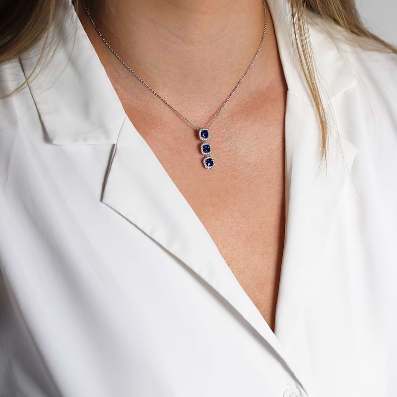 Blue Sapphire Cushion and Diamond 3 Stone Drop Halo Pendant, SKU 605393 (2.27Ct TW)  - 3